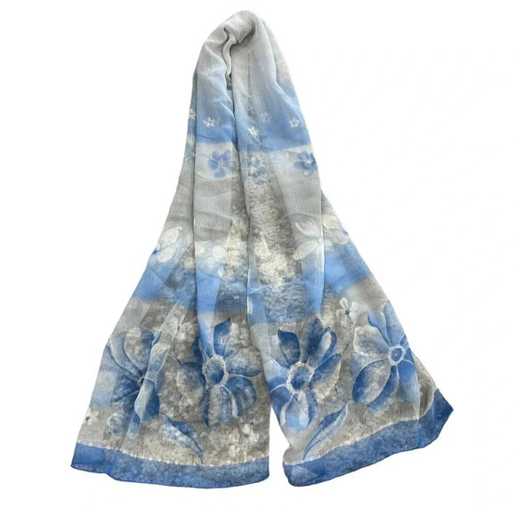 Elaine Gold Blue Floral Large Shawl - Picture 1 of 8